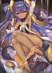 Rule 34 | 1girl, anklet, armpits, bangle, bare shoulders, barefoot, bracelet, breasts, cube, dark-skinned female, dark skin, elbow sleeve, eye print, feet, floating, floating object, foot focus, holding with feet, gloves, hair between eyes, hair ornament, highres, jewelry, knees together feet apart, leotard, nail polish, nephtim (world flipper), pink nails, purple gloves, sand, small breasts, solo, strapless, strapless leotard, thighs, toes, twintails, umou (may65879), world flipper, yellow eyes