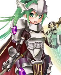 Rule 34 | 1girl, :d, armor, blush, bodysuit, boobplate, breastplate, ebifly, faulds, gauntlets, green eyes, green hair, head wings, holding, holding weapon, holographic interface, long hair, looking at viewer, open mouth, original, pauldrons, pelvic curtain, pointy ears, polearm, ponytail, shield, shoulder armor, smile, solo, standing, visor (armor), weapon, wings