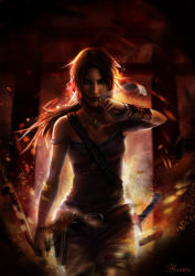 Rule 34 | 1girl, blood, bow (weapon), brown eyes, brown hair, fire, gradient background, lara croft, long hair, looking at viewer, open mouth, smoke, solo, standing, tank top, tomb raider, tomb raider (reboot), weapon