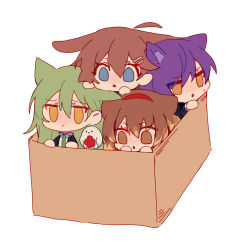Rule 34 | 2boys, 2girls, ahoge, animal ears, bird, black jacket, blonde hair, blue eyes, box, brown eyes, brown hair, cardboard box, cat boy, cat ears, cat girl, closed mouth, collared shirt, commentary request, dog ears, dog girl, er hea, green hair, green necktie, hair between eyes, hair ornament, hairband, hairclip, hod (project moon), in box, in container, jacket, kemonomimi mode, lobotomy corporation, long hair, long sleeves, malkuth (project moon), multicolored hair, multiple boys, multiple girls, necktie, netzach (project moon), no nose, open clothes, open jacket, open mouth, project moon, punishing bird, purple hair, red hairband, shirt, short hair, simple background, sweat, triangle mouth, v-shaped eyebrows, white background, white shirt, yellow eyes, yesod (project moon)