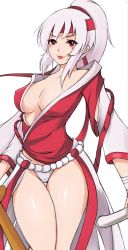 Rule 34 | &gt;:), 1girl, breasts, headband, highres, japanese clothes, large breasts, long hair, original, panties, ponytail, red eyes, revealing clothes, ruyi (teemoteemo), solo, underwear, v-shaped eyebrows, very long hair, white hair, white panties