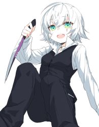Rule 34 | 1girl, :d, alternate costume, black pants, black vest, breasts, buttons, collarbone, fate/apocrypha, fate/grand order, fate (series), feet out of frame, green eyes, grey background, hair between eyes, holding, holding knife, jack the ripper (fate/apocrypha), knife, long sleeves, open mouth, pants, shirt, short hair, simple background, sitting, small breasts, smile, solo, teeth, upper teeth only, vest, waka (shark waka), white shirt