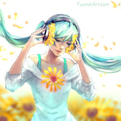 Rule 34 | 1girl, aqua hair, blurry, commentary, depth of field, english commentary, closed eyes, facing viewer, flower, hatsune miku, headphones, highres, long hair, petals, solo, sunflower, twintails, very long hair, vocaloid, watermark, web address, wind, yuumei