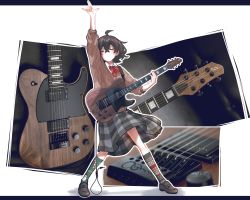 Rule 34 | 1girl, \m/, absurdres, arm up, black hair, blind girl (popopoka), bow, bowtie, brown sweater, cable, freckles, grey skirt, guitar, highres, holding, instrument, kneehighs, original, plaid, plaid skirt, popopoka, red bow, red bowtie, shirt, skirt, smile, socks, solo, sweater