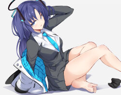 Rule 34 | 1girl, barefoot, black skirt, blazer, blue archive, blue eyes, grey background, halo, irohara, jacket, legs, long hair, looking at viewer, purple hair, shirt, simple background, sitting, skirt, soles, solo, thighs, toes, white shirt, yuuka (blue archive)