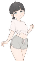 Rule 34 | 1girl, 1ssakawaguchi, absurdres, ahoge, black hair, blue eyes, breasts, commentary, cowboy shot, dolphin shorts, drawstring, english commentary, grey shorts, grin, highres, ichika (1ssakawaguchi), legs together, light blush, looking at viewer, low ponytail, midriff, navel, original, shirt, short hair, short ponytail, short shorts, short sleeves, shorts, simple background, small breasts, smile, solo, standing, t-shirt, tied shirt, white background, white shirt