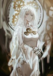 Rule 34 | 1girl, absurdres, blue eyes, breasts, bridal veil, bride, cleavage, clock, closed mouth, dress, e.g.o (project moon), eonyan (chaeyang), everlasting (e.g.o), faust (project moon), gears, gloves, highres, limbus company, long sleeves, looking at viewer, own hands together, project moon, short hair, solo, veil, wedding dress, white dress, white gloves, white hair