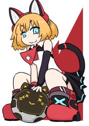 Rule 34 | 1girl, absurdres, animal ears, artery gear, artery gear: fusion, black gloves, blonde hair, blue eyes, boots, bridal gauntlets, cat ears, cat tail, from below, gerunezima, gloves, highres, katie (artery gear), looking at viewer, mecha musume, mechanical ears, mechanical tail, mousse l (artery gear), necktie, paw print, pleated skirt, red necktie, ribbon, robot, short hair, simple background, single bridal gauntlet, single glove, skirt, smile, smug, solo, squatting, tail, tail ornament, tail ribbon, thick eyebrows, thigh strap, thighs