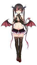 Rule 34 | 1girl, akasaai, asymmetrical gloves, black gloves, black hair, black thighhighs, demon girl, demon tail, demon wings, finger to mouth, full body, gloves, hair ornament, highres, index finger raised, long hair, looking at viewer, lovelia, multicolored hair, navel, official art, orange eyes, pointy ears, pubic tattoo, red footwear, red hair, skirt, smile, solo, streaked hair, tail, tattoo, thighhighs, transparent background, troubledays, twintails, two-tone hair, uneven gloves, very long hair, wings, x hair ornament
