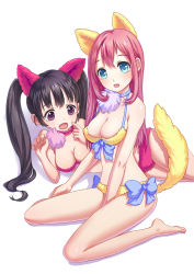 Rule 34 | 2girls, animal ears, aqua eyes, bare legs, bare shoulders, barefoot, bikini, black hair, blue eyes, breasts, choker, cleavage, fake animal ears, fake tail, fang, fox ears, fox tail, head tilt, highres, large breasts, leizhong, long hair, lying, multiple girls, navel, on side, on stomach, open mouth, original, pink hair, purple eyes, ribbon, simple background, sitting, smile, strap gap, swimsuit, tail, twintails, wariza, white background