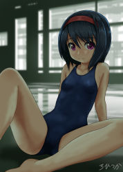 Rule 34 | 1girl, bare arms, bare legs, bare shoulders, barefoot, black hair, blue one-piece swimsuit, blurry, blurry background, breasts, closed mouth, collarbone, commentary request, day, depth of field, hair between eyes, hairband, highres, indoors, long hair, looking at viewer, one-piece swimsuit, original, purple eyes, red hairband, reflection, rohitsuka, school swimsuit, signature, small breasts, solo, swimsuit, window