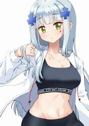 1girl alternate_costume black_pants black_sports_bra blue_hair blush clothes_writing collarbone commentary cross_hair_ornament girls&#039;_frontline green_eyes hair_ornament highres hk416_(girls&#039;_frontline) jacket jiwon_(sj1) long_hair looking_at_viewer midriff navel open_clothes open_jacket open_mouth pants simple_background solo sports_bra tattoo teardrop_facial_mark teardrop_tattoo white_background white_jacket