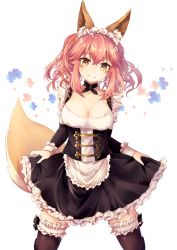 Rule 34 | 1girl, alternate costume, animal ear fluff, animal ears, apron, black dress, black thighhighs, breasts, collarbone, cowboy shot, detached collar, detached sleeves, dress, enmaided, fate/extella, fate/extra, fate (series), fox ears, fox girl, fox tail, frilled apron, frills, highres, maid, maid apron, maid headdress, medium breasts, official alternate costume, pink hair, short dress, sidelocks, simple background, solo, tail, tamamo (fate), tamamo no mae (fate/extra), tamamo no mae (tailmaid strike) (fate), thighhighs, twintails, waist apron, watanai72, white apron, white background, yellow eyes