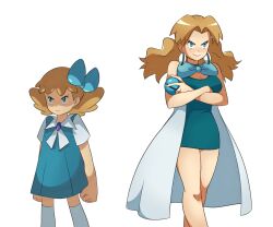 Rule 34 | 1girl, aged up, blue bow, blue bowtie, blue eyes, blue socks, bow, bowtie, breasts, cape, cleavage, commentary, creatures (company), crossed arms, dress, english commentary, game freak, hair bow, highres, holding, holding poke ball, large breasts, light frown, molly hale, nintendo, poke ball, pokemon, pokemon (anime), pokemon (classic anime), pokemon 3: the movie - spell of the unown: entei, rizwan rafiq, scowl, shaded face, smile, socks, twintails