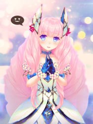 Rule 34 | 1girl, aurora (pso2), blue eyes, blunt bangs, choker, dress, drill hair, fingers together, gloves, hair ornament, hicage hisoca, highres, jewelry, md5 mismatch, phantasy star, phantasy star online 2, pink hair, solo, space print, spoken expression, starry sky print