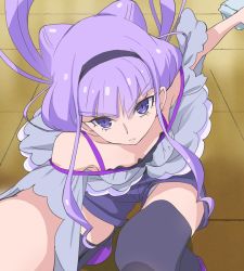 Rule 34 | 10s, 1girl, black hairband, black thighhighs, breasts, cleavage, closed mouth, cone hair bun, double bun, frown, hair bun, hairband, haruyama kazunori, hugtto! precure, long hair, looking at viewer, low twintails, outstretched arms, precure, purple eyes, purple hair, purple shorts, ruru amour, shorts, solo, thighhighs, twintails