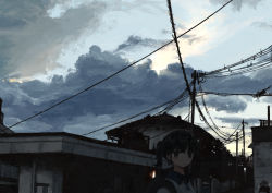 Rule 34 | 1girl, backpack, bag, black eyes, black hair, building, cloud, cloudy sky, collared shirt, evening, highres, house, looking at viewer, original, outdoors, power lines, scenery, school uniform, shirt, short hair, short twintails, sky, town, transformer, twintails, uniunimikan, utility pole
