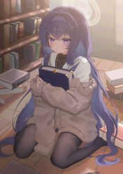 Rule 34 | 1girl, absurdres, black pantyhose, black shirt, blue archive, blush, book, bookshelf, brown cardigan, cardigan, closed mouth, crossed bangs, hair spread out, hairband, halo, highres, holding, holding book, indoors, jewelry, long hair, long sleeves, looking at viewer, necklace, off shoulder, pantyhose, pendant, purple eyes, purple hair, sailor collar, shirt, single sleeve past fingers, sitting, solo, thighband pantyhose, ui (blue archive), very long hair, wariza, wonni (user fafu7345)