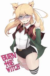 Rule 34 | 1girl, black thighhighs, blonde hair, breasts, burn the witch, cape, collared shirt, copyright name, eyebrows, flat color, green eyes, grin, highres, ina (gokihoihoi), long hair, long sleeves, medium breasts, nini spangle, ninny spangcole, parted lips, pointing, pointing at self, red cape, round eyewear, shirt, single thighhigh, smile, solo, sunglasses, suspenders, swept bangs, teeth, thighhighs, tinted eyewear, twintails, white shirt