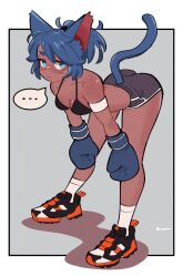 Rule 34 | ..., 1girl, amazu (kurozu), animal ear fluff, animal ears, aoi (amazu), bare shoulders, bent over, black footwear, boxing gloves, breasts, cat ears, cat girl, cat tail, closed mouth, collarbone, colored shadow, eyebrows hidden by hair, full body, grey background, grey shorts, highres, looking at viewer, medium breasts, original, ponytail, shadow, shoes, short eyebrows, short shorts, shorts, signature, socks, solo, spoken ellipsis, standing, tail, thick eyebrows, two-tone background, white background, white socks