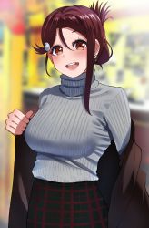 Rule 34 | 1girl, :d, black skirt, blurry, blurry background, breasts, brown coat, brown eyes, brown hair, coat, commentary request, cowboy shot, depth of field, earrings, folded ponytail, grey sweater, hair between eyes, highres, igarashi kyouhei, jewelry, large breasts, looking at viewer, love live!, love live! sunshine!!, open clothes, open coat, open mouth, plaid, plaid skirt, ribbed sweater, round teeth, sakurauchi riko, skirt, smile, solo, sweater, teeth, undressing, upper teeth only