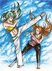 Rule 34 | 2girls, alternate hairstyle, aqua hair, arrancar, artist request, bare arms, barefoot, belt, bleach, blue background, breasts, brown eyes, capoeira, clenched hand, clenched teeth, closed mouth, collarbone, dodging, ducking, facial mark, female focus, floating hair, green hair, grin, hair tie, hand up, happy, high ponytail, highres, inoue orihime, kicking, large breasts, lips, long hair, looking ahead, looking at another, midriff, multiple girls, navel, nelliel tu odelschwanck, number tattoo, orange hair, outstretched leg, pants, ponytail, smile, sports bra, standing, standing on one leg, tank top, tattoo, teeth, toned