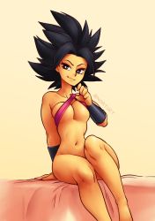 Rule 34 | 1girl, artist name, black eyes, black hair, bottomless, breasts, caulifla, clothes lift, dragon ball, dragon ball super, forehead, highres, large breasts, legs, navel, nortuet, shirt lift, smile, solo, spiked hair, strapless, thighs, tube top, underboob, wrist guards