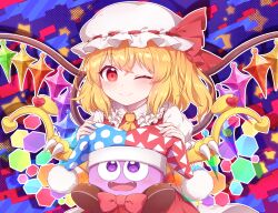 Rule 34 | 1girl, ascot, blonde hair, blush, closed mouth, collared shirt, crossover, crystal, flandre scarlet, frilled shirt collar, frills, hair between eyes, hat, highres, kaoling, kirby&#039;s dream land, kirby (series), long hair, marx (kirby), mob cap, nintendo, one eye closed, red eyes, red skirt, red vest, shirt, side ponytail, skirt, smile, touhou, upper body, vest, white headwear, white shirt, wings, yellow ascot