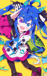 Rule 34 | 1girl, :d, absurdres, ahoge, animal ears, black pantyhose, blue eyes, blue hair, blue nails, blush, boots, bow, commentary request, crossed bangs, dot nose, feet out of frame, fingernails, hand on own hip, hand to forehead, hand up, heterochromia, highres, horse ears, horse girl, ichijo rei, jacket, long hair, long sleeves, looking at viewer, messy hair, multicolored bow, multicolored hair, nail polish, open mouth, pantyhose, purple eyes, sharp teeth, sidelocks, simple background, smile, solo, standing, streaked hair, stuffed animal, stuffed rabbit, stuffed toy, teeth, twin turbo (umamusume), twintails, umamusume, upper teeth only, very long hair, white hair, yellow background