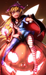 Rule 34 | 1girl, american flag dress, american flag legwear, blonde hair, clownpiece, don9899, dress, fairy wings, fangs, fire, full body, hat, highres, jack-o&#039;-lantern, jester cap, long hair, looking at viewer, open mouth, pantyhose, polka dot, red eyes, short dress, short sleeves, smile, solo, star (symbol), star print, striped clothes, striped pantyhose, teeth, torch, touhou, wings