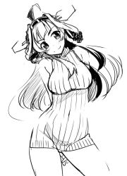 Rule 34 | 10s, 1girl, ahoge, arms behind back, bare shoulders, breasts, covered navel, dress, greyscale, hairband, head tilt, headgear, kantai collection, kongou (kancolle), large breasts, long hair, monochrome, ribbed dress, sasayuki, sketch, sleeveless, sleeveless dress, smile, solo, sweater, sweater dress, turtleneck