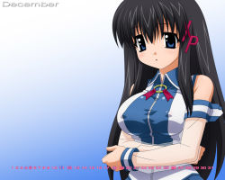 Rule 34 | 1girl, :o, bare shoulders, black hair, blue eyes, blush, breasts, calendar, covered erect nipples, crossed arms, december, detached sleeves, gradient background, hair between eyes, hair ornament, jewelry, large breasts, long hair, open mouth, os-tan, ribbon, ring, see-through, shirt, sidelocks, sleeveless, sleeveless shirt, solo, sugimura tomokazu, taut clothes, taut shirt, upper body, very long hair, wallpaper, xp-tan, zipper