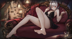 Rule 34 | 1girl, absurdres, alcohol, arknights, backless dress, backless outfit, bare shoulders, barefoot, bottle, breasts, couch, cup, dress, drinking glass, evanyi, evening gown, feet, gown, highres, jewelry, looking at viewer, nail polish, red eyes, short hair, silver hair, solo, toenail polish, toenails, w (arknights), wine, wine bottle, wine glass, wristband