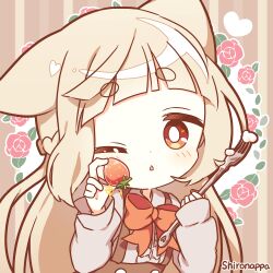 Rule 34 | 1girl, artist name, profile picture, blush, bow, bowtie, brown hair, brown shirt, food, fork, fruit, holding, holding food, holding fork, long hair, looking at viewer, lowres, one eye closed, orange bow, orange bowtie, orange eyes, original, shironappa, shirt, sidelocks, solo, strawberry, triangle mouth, upper body, very long hair, yuruneko shoujo