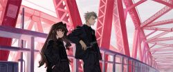 Rule 34 | 1boy, 1girl, black jacket, black pants, black ribbon, blue eyes, bridge, brown hair, business suit, closed mouth, commentary, elisia valfelto, english commentary, formal, grey eyes, grey hair, hair intakes, hands in pockets, height difference, highres, jacket, long hair, looking at viewer, luicent, neck ribbon, necktie, nicolas (luicent), open clothes, open jacket, original, outdoors, pant suit, pants, ribbon, suit