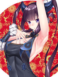 Rule 34 | 1girl, absurdres, arm up, armpits, bare shoulders, black dress, blue eyes, blunt bangs, blush, breasts, china dress, chinese clothes, cleavage, detached sleeves, dress, fate/grand order, fate (series), hair ornament, hand on own chest, highres, large breasts, long hair, looking at viewer, open mouth, purple hair, sidelocks, solo, twintails, very long hair, watosu (watosu mama), yang guifei (fate), yang guifei (second ascension) (fate)