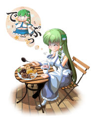 Rule 34 | 1girl, bare shoulders, belly, breasts, chamupei, coffee, contemporary, cup, detached sleeves, doughnut, eating, fat, female focus, food, fork, frog, green hair, hair ornament, highres, imagining, knife, kochiya sanae, long hair, medium breasts, sitting, snake, solo, table, touhou, truth, very long hair, weight conscious