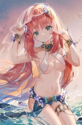 Rule 34 | 1girl, absurdres, adapted costume, aqua eyes, armlet, arms up, bare arms, bare shoulders, blue panties, bracer, breasts, bridal veil, closed mouth, floating hair, genshin impact, gradient sky, harem outfit, highres, holding, jewelry, long hair, looking at viewer, medium breasts, miniskirt, navel, neck ring, nilou (genshin impact), no detached sleeves, no horns, orange sky, panties, parted bangs, red hair, revealing clothes, see-through, seiza, sitting, skirt, sky, smile, solo, star (sky), starry sky, stomach, thighlet, thighs, twintails, ume (plumblossom), underwear, veil, water drop, wrist flower