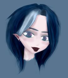 Rule 34 | 1girl, bad anatomy, blue eyes, blue hair, earrings, jewelry, looking at viewer, matching hair/eyes, multicolored hair, pointy ears, poorly drawn, portrait, short hair, solo, tongue, tongue out