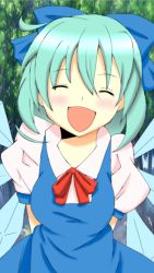 Rule 34 | 1girl, :d, ^ ^, ahoge, arms behind back, ascot, blue dress, blue hair, blue ribbon, blush, cirno, closed eyes, commentary request, cowboy shot, dress, closed eyes, happy, lem r scarlet, looking at viewer, open mouth, outdoors, puffy short sleeves, puffy sleeves, ribbon, short hair, short sleeves, smile, solo, touhou, tree, wings