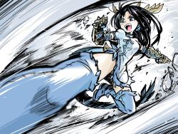 Rule 34 | 1girl, black hair, blue eyes, blue footwear, boots, china dress, chinese clothes, dragon girl, dragon tail, dress, fins, flying kick, gloves, head fins, horns, ishiyumi, karin (p&amp;d), kicking, motion blur, open mouth, puzzle &amp; dragons, spiked gloves, spikes, tail, thighhighs