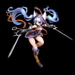 Rule 34 | 1girl, animal hood, artificial hero, blue hair, cat hood, detached sleeves, eyepatch, full body, hair through headwear, highres, hood, kakiman, light blue hair, long hair, looking at viewer, official art, red eyes, solo, sword, tachi-e, tachi (artificial hero), transparent background, twintails, very long hair, weapon