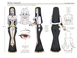 Rule 34 | 1girl, almonde jagger (nyantcha), ass, breasts, character design, character sheet, concept art, dress, english text, habit, highres, horizontal pupils, large breasts, long hair, long sleeves, looking at viewer, nun, nyantcha, original, pale skin, red eyes, scar, scar across eye, scar on face, sidelocks, smile, solo, tight clothes, tight dress, white hair, wide hips