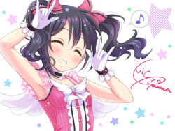 Rule 34 | 10s, 1girl, \m/, ^ ^, bad id, bad pixiv id, black hair, bow, character name, choker, clenched teeth, closed eyes, double \m/, dress, closed eyes, gloves, hair bow, idol, love live!, love live! school idol project, musical note, nico nico nii, quaver, red dress, short hair, smile, solo, speech bubble, spoken musical note, star (symbol), teeth, twintails, white gloves, wings, yazawa nico, yuuki (yukinko-02727)