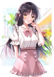 Rule 34 | 1girl, :d, arm behind back, black hair, blurry, blurry background, blush, bow, bowtie, braid, breasts, cafe stella to shinigami no chou, commentary request, commission, cowboy shot, depth of field, frilled skirt, frilled sleeves, frills, hair ribbon, high-waist skirt, highres, lens flare, long hair, looking at viewer, medium breasts, mole, mole under eye, multicolored background, open mouth, parted lips, pink bow, pink bowtie, pink ribbon, pink skirt, puffy short sleeves, puffy sleeves, ribbon, shiki natsume, shirt, short sleeves, side braid, skeb commission, skirt, smile, solo, suzumori (su2525), very long hair, white shirt, yellow eyes