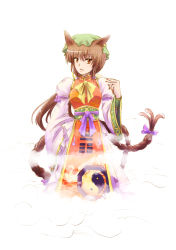 Rule 34 | 1girl, adapted costume, alternate hair length, alternate hairstyle, animal ears, bow, brown eyes, brown hair, cat ears, chen, chinese clothes, earrings, hat, highres, jewelry, long hair, aged up, shiizako you, shiizako you, solo, tail, touhou, very long hair