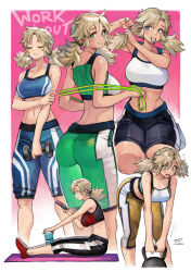 Rule 34 | 1girl, ass, bare arms, bare shoulders, bent over, black pants, black shorts, blonde hair, blue shorts, blue sports bra, bottle, breasts, capri pants, cellphone, cleavage, closed eyes, closed mouth, commentary, crop top, dumbbell, english commentary, exercising, facing ahead, flustered, flying sweatdrops, gradient background, green eyes, green shorts, green sports bra, grey hair, hair tie in mouth, hand on own arm, hands up, highres, holding, holding own hair, holding phone, jump rope, large breasts, long hair, looking at viewer, looking back, midriff, mouth hold, multiple views, navel, open mouth, original, outside border, pants, phone, pink background, profile, red footwear, red sports bra, roonsheen, shoes, shorts, sideways glance, sitting, skin tight, smile, sports bra, sportswear, standing, sweat, toned, training, twintails, tying hair, water bottle, weights, white sports bra, workout clothes, yellow pants, yoga mat, yoga pants