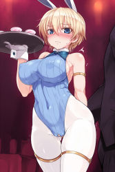 Rule 34 | 1girl, animal ears, blonde hair, blue eyes, blue leotard, blush, brave witches, breasts, clitoris, covered erect nipples, covered navel, cup, drinking glass, eyebrows, formal, gloves, gluteal fold, large breasts, leotard, nikka edvardine katajainen, nose blush, null (nyanpyoun), pantyhose, rabbit ears, rabbit girl, short hair, solo, strike witches, striped, suit, sweat, tray, trembling, vertical stripes, wavy mouth, white gloves, world witches series, wrist cuffs