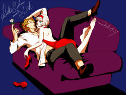Rule 34 | 10s, 1boy, 1girl, ass, bare shoulders, blonde hair, blue eyes, cis (tiger &amp; bunny), couch, couple, dress, flower, hairband, hetero, high heels, keith goodman, ma-7m, rose, shoes, unworn shoes, short hair, tiger &amp; bunny, white hair, white rose
