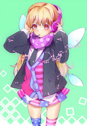 Rule 34 | 1girl, alternate legwear, american flag dress, american flag legwear, american flag skirt, black jacket, black necktie, blonde hair, blush, clownpiece, constellation, cowboy shot, fairy wings, green background, headphones, highres, jacket, long hair, long sleeves, looking at viewer, mouth hold, multicolored hair, necktie, no headwear, pleated skirt, polka dot, polka dot scarf, purple scarf, radiosity (yousei), red eyes, scarf, shirt, skirt, solo, square, streaked hair, striped clothes, striped thighhighs, thighhighs, thighs, touhou, untucked shirt, very long hair, vest, white shirt, wings